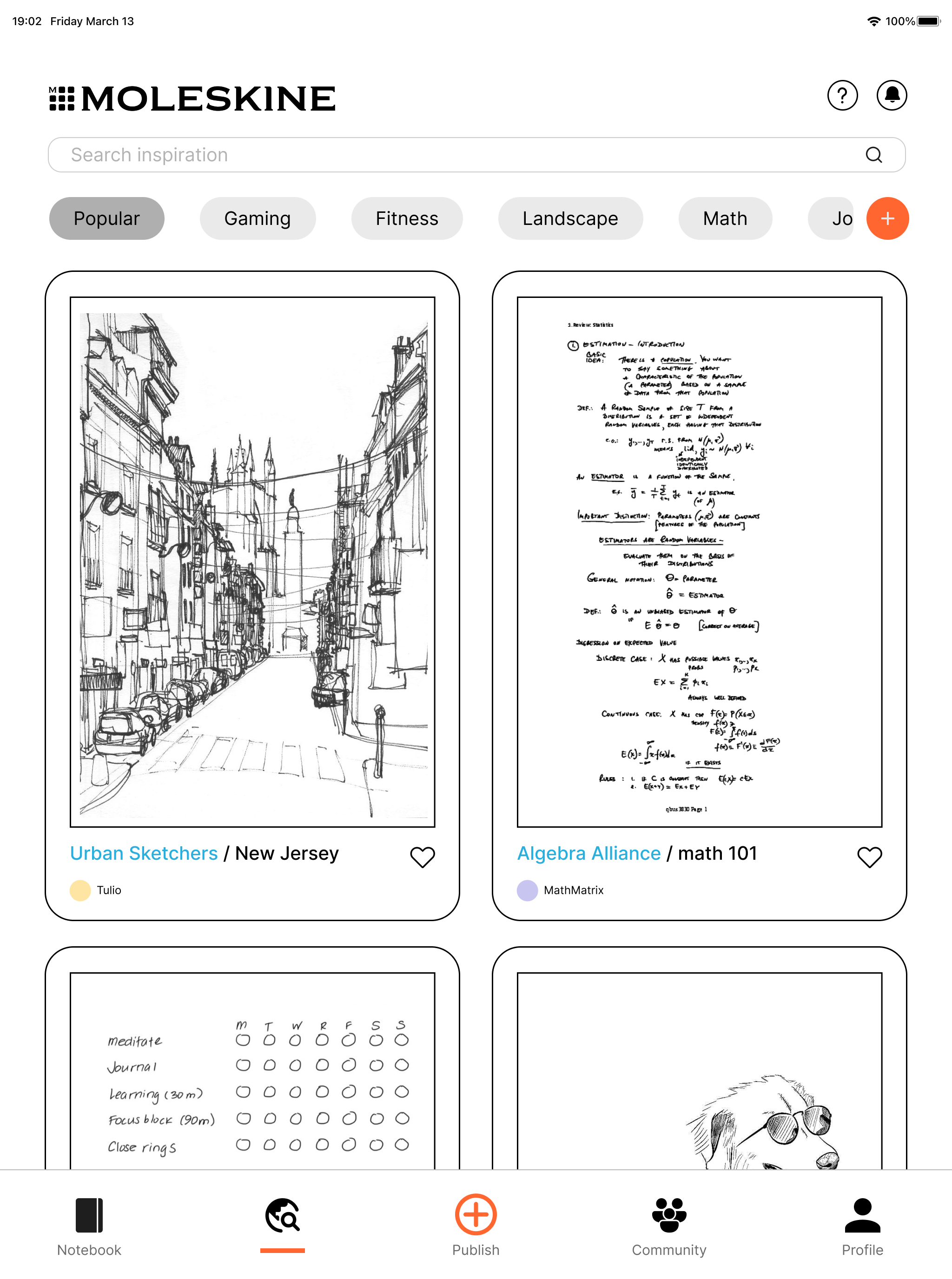 Moleskine Notes explore feed on a tablet